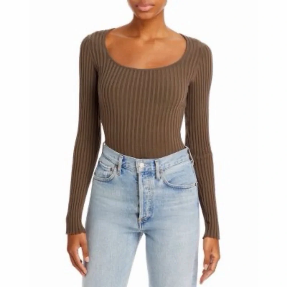 Anine Bing Felicity Ribbed Knit Bodysuit in Olive - Picture 5 of 14